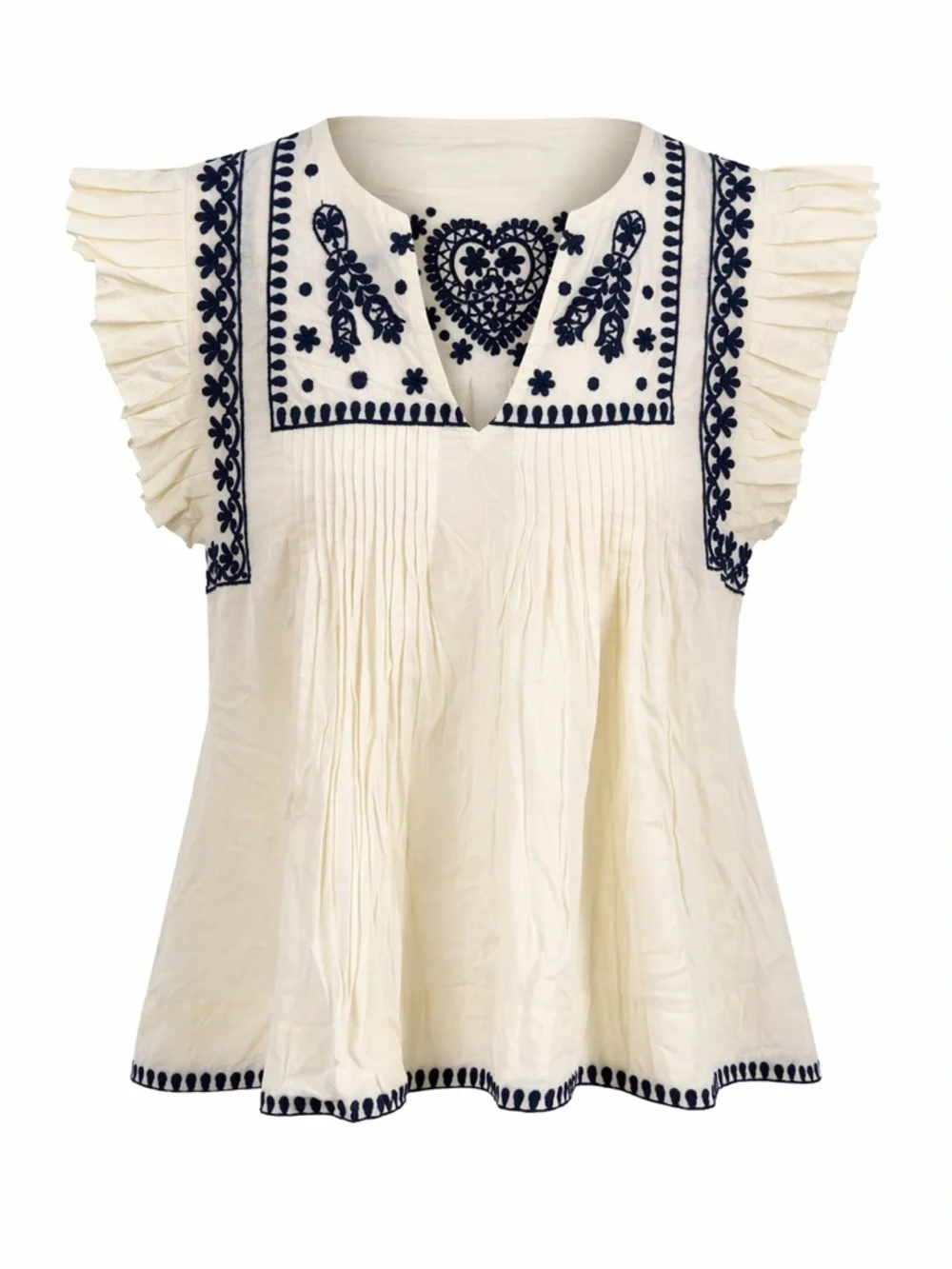 Solitaire Embroidered Boho Blouse Cream Navy Flutter Sleeve NWT S - Picture 1 of 12